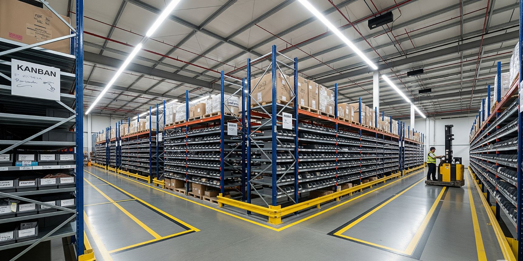 Modernes Lean Warehouse mit klaren Bodenmarkierungen, visualisiert Ordnung und Effizienz durch die 5S-Methode in der Lagerlogistik